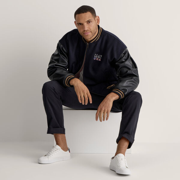 Bomber Jacket With Faux Leather Sleeves