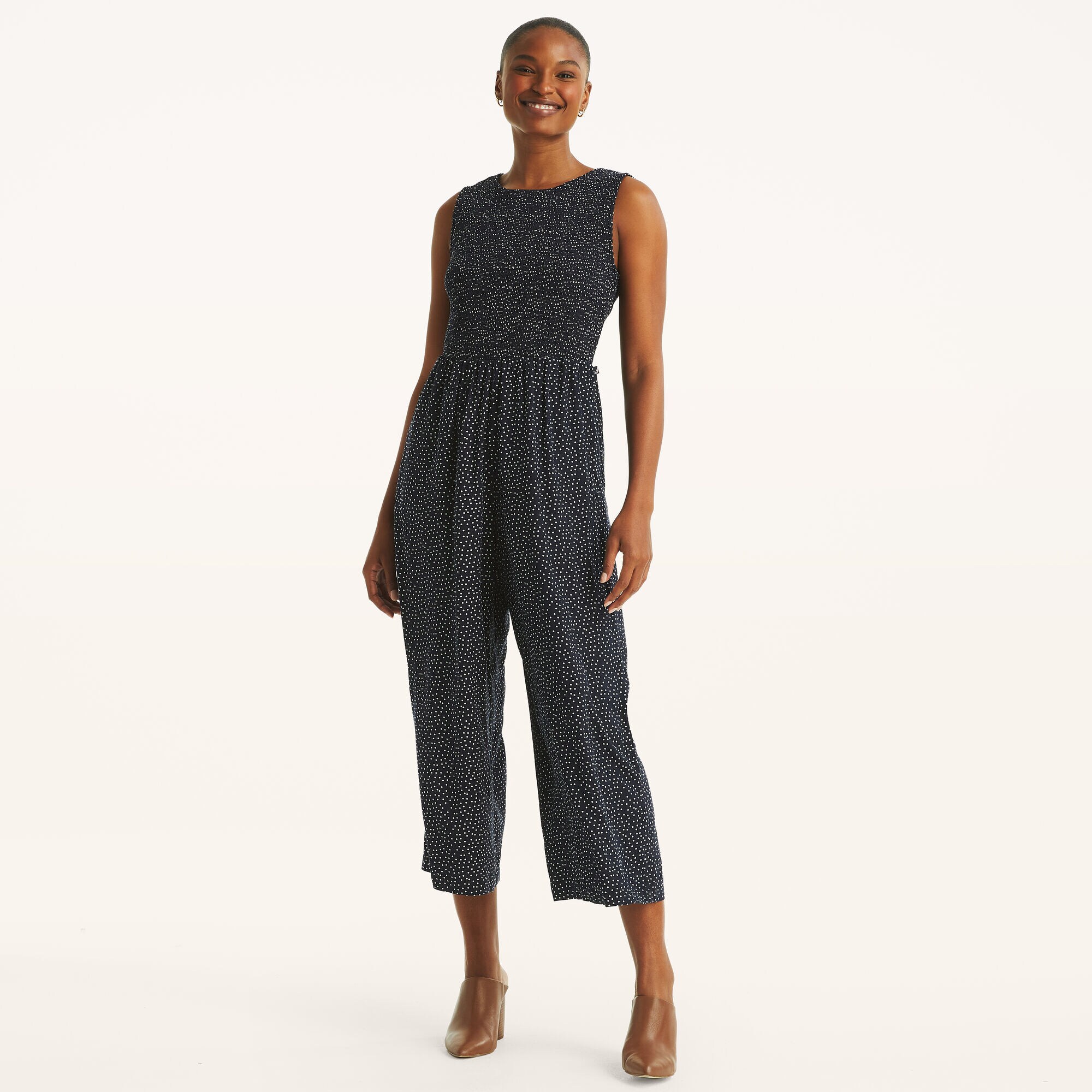 Smocked Dot Print Jumpsuit,Navy,large
