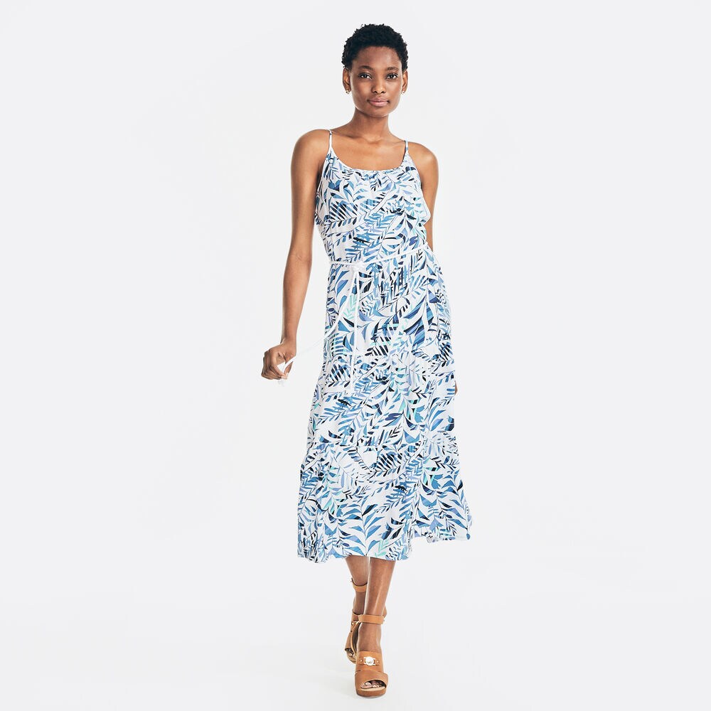 SUSTAINABLY CRAFTED PALM PRINT DRESS,Bright White,large