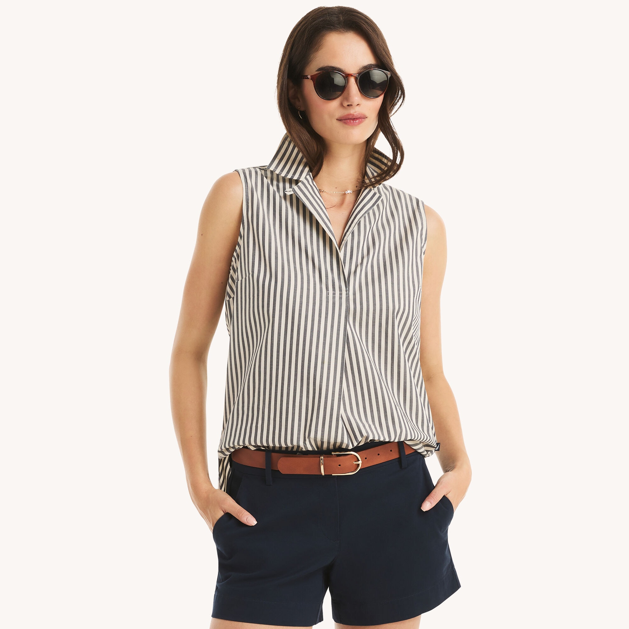 Striped Sleeveless Popover Top,Muslin Heather,large