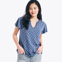 NAUTICA JEANS CO. PRINTED FLUTTER-SLEEVE TOP,Delphinium Blue,large