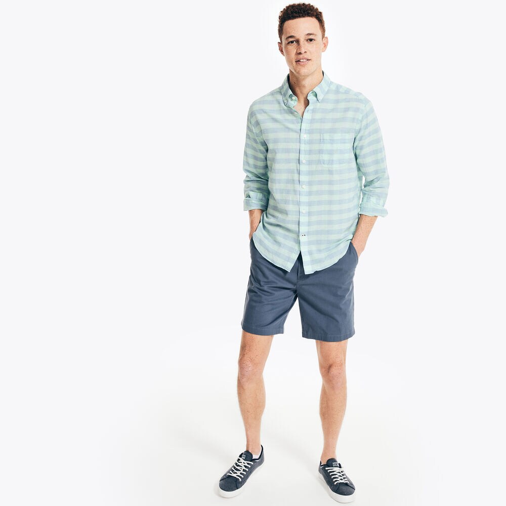 Gingham Plaid Linen Shirt,Pure Deep Sea Wash,large