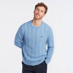 BRAND ICON CABLE-KNIT SWEATER,Charcoal Blue Heather,large