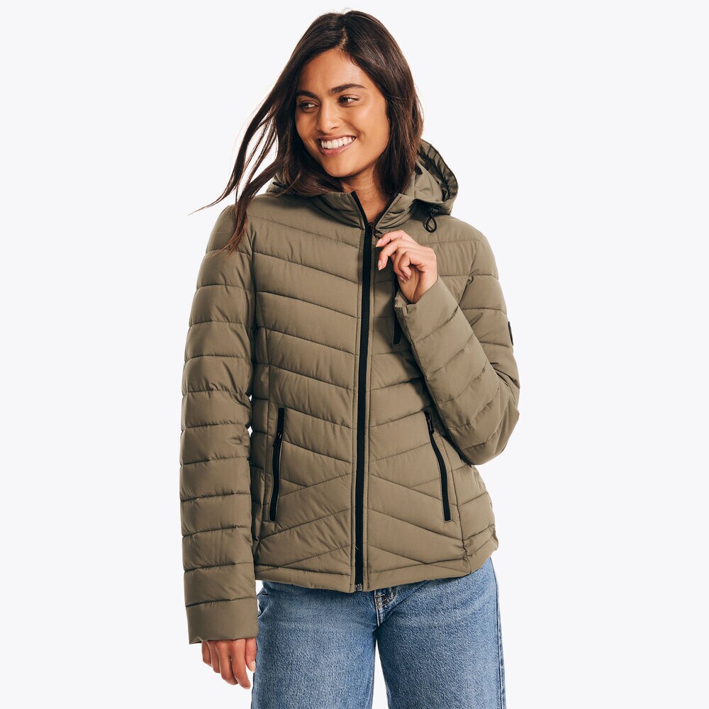 Packable Short Puffer Jacket With Hood,Deep Fern,large