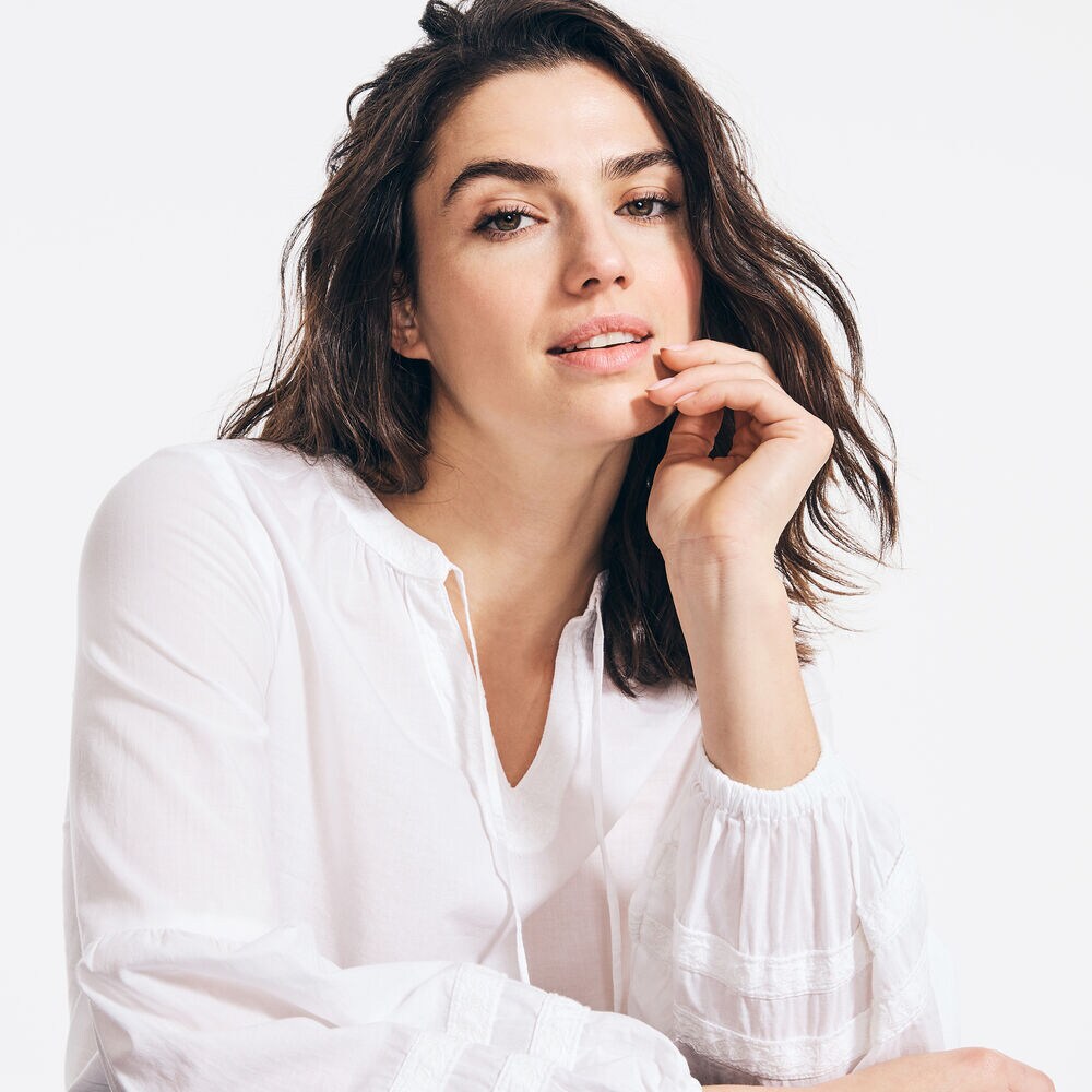 EMBROIDERED SPLIT-NECK TOP,Bright White,large