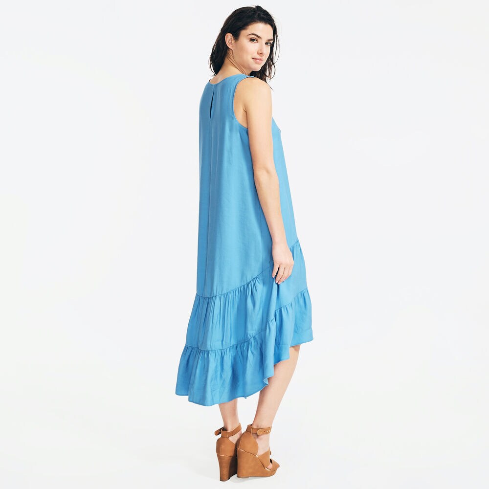 SUSTAINABLY CRAFTED TIERED HIGH-LOW DRESS,Distressed Blue Wash,large