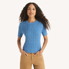 Cable-Knit Short-Sleeve Sweater,Aquasplash,large