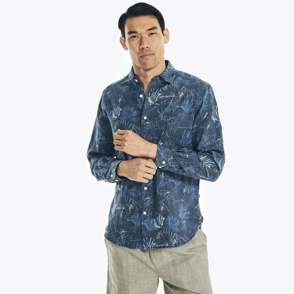 CLASSIC FIT PALM PRINT LINEN SHIRT,Lapis Blue,large