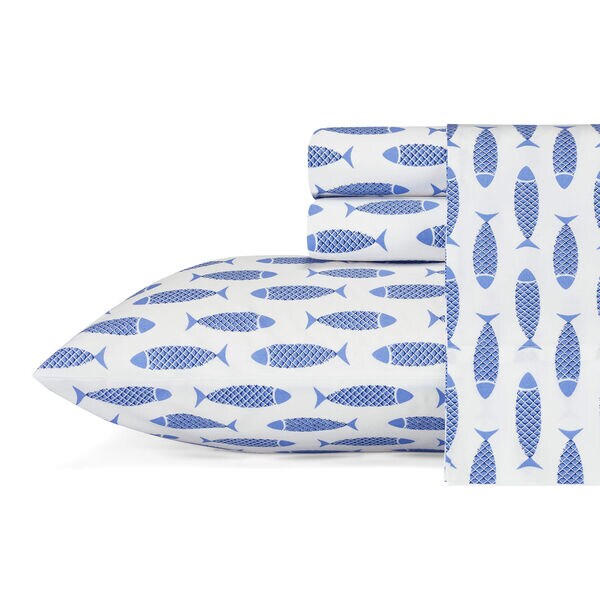 Woodblock Fish Blue Twin Sheet Set