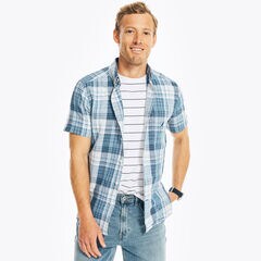 PLAID LINEN SHORT-SLEEVE SHIRT,Sail White,large