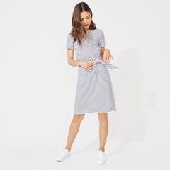 STRIPE TIE WAIST KNIT DRESS,Bright White,large