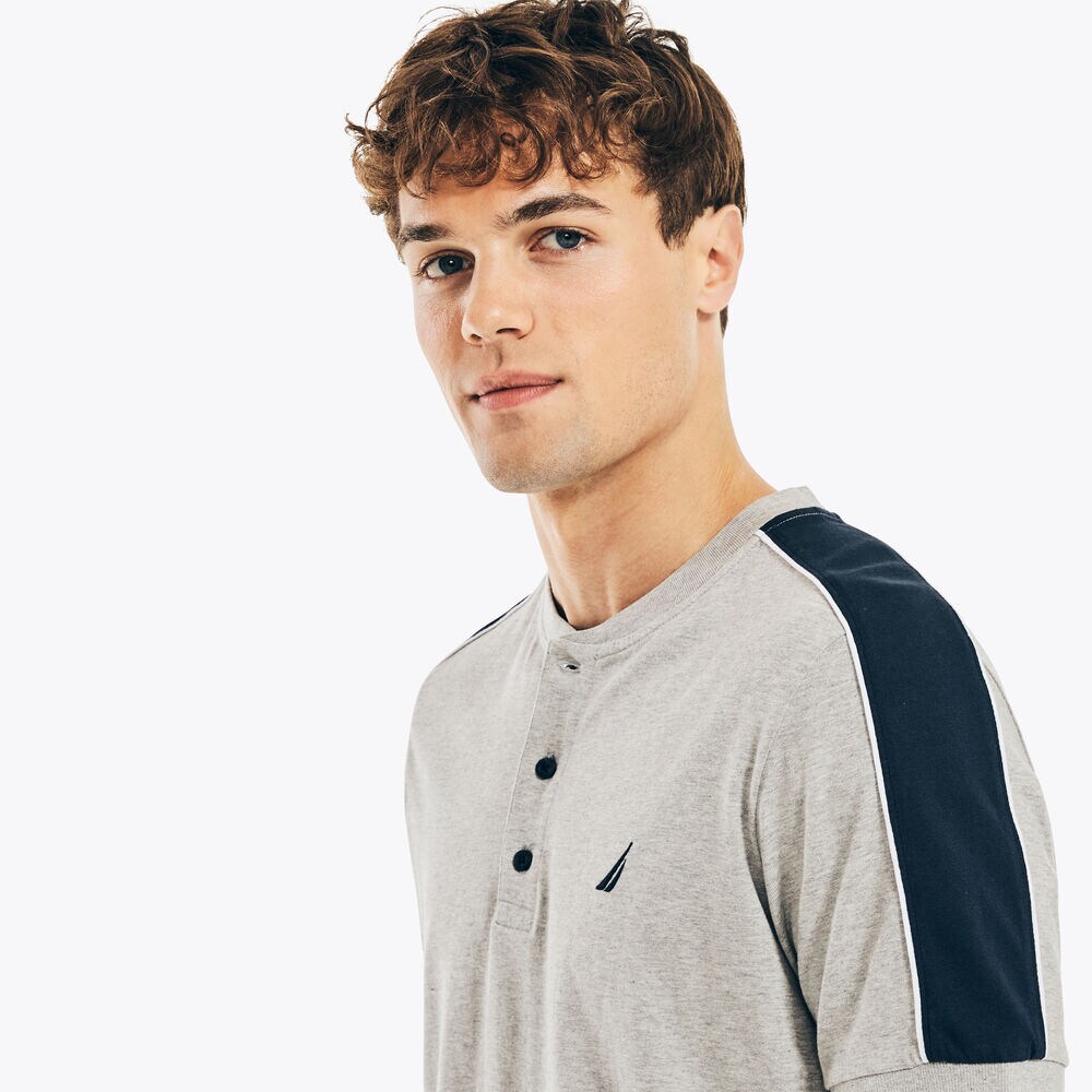 SHOULDER-STRIPE SHORT SLEEVE HENLEY,Grey Heather,large