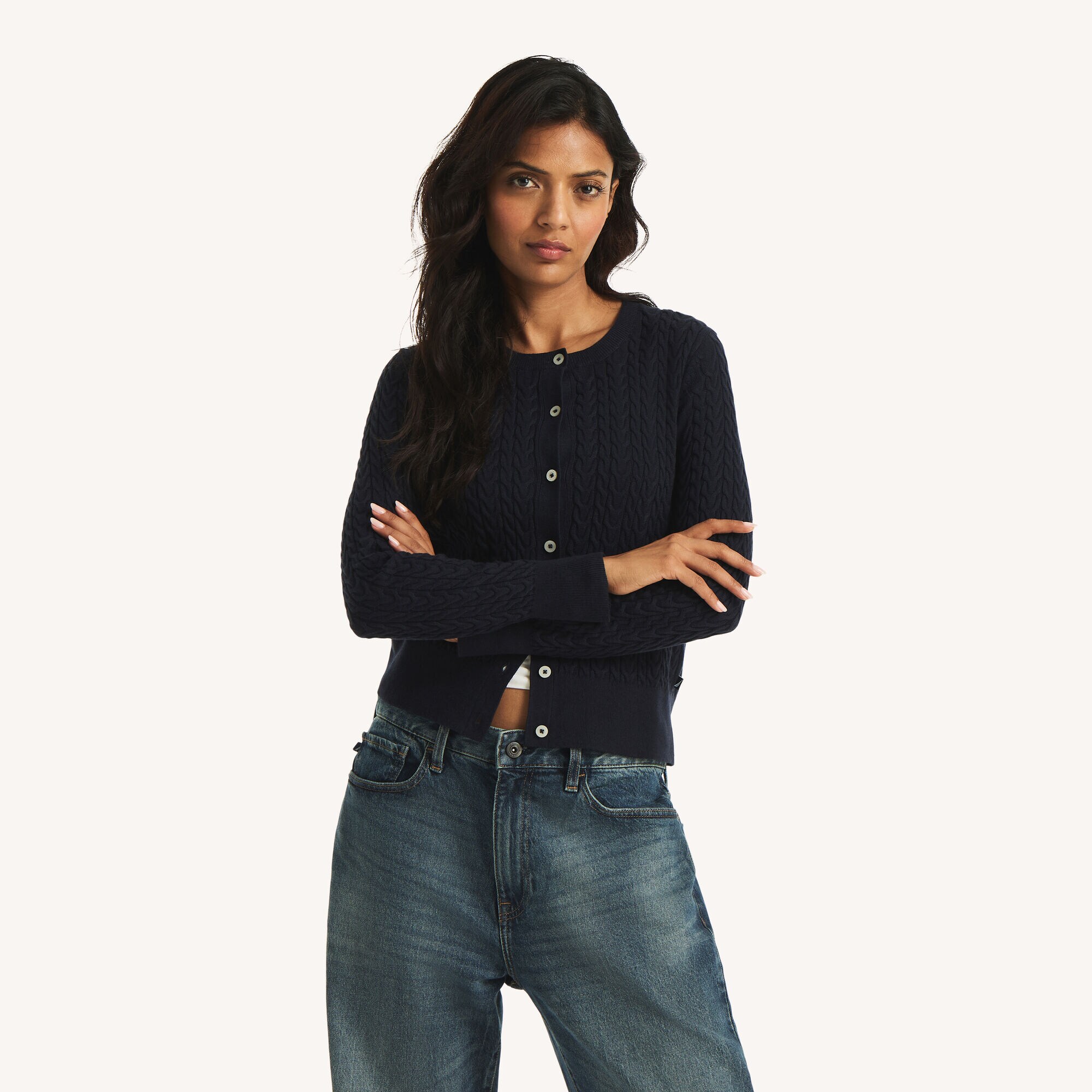 Cable-Knit Cardigan,Navy,large