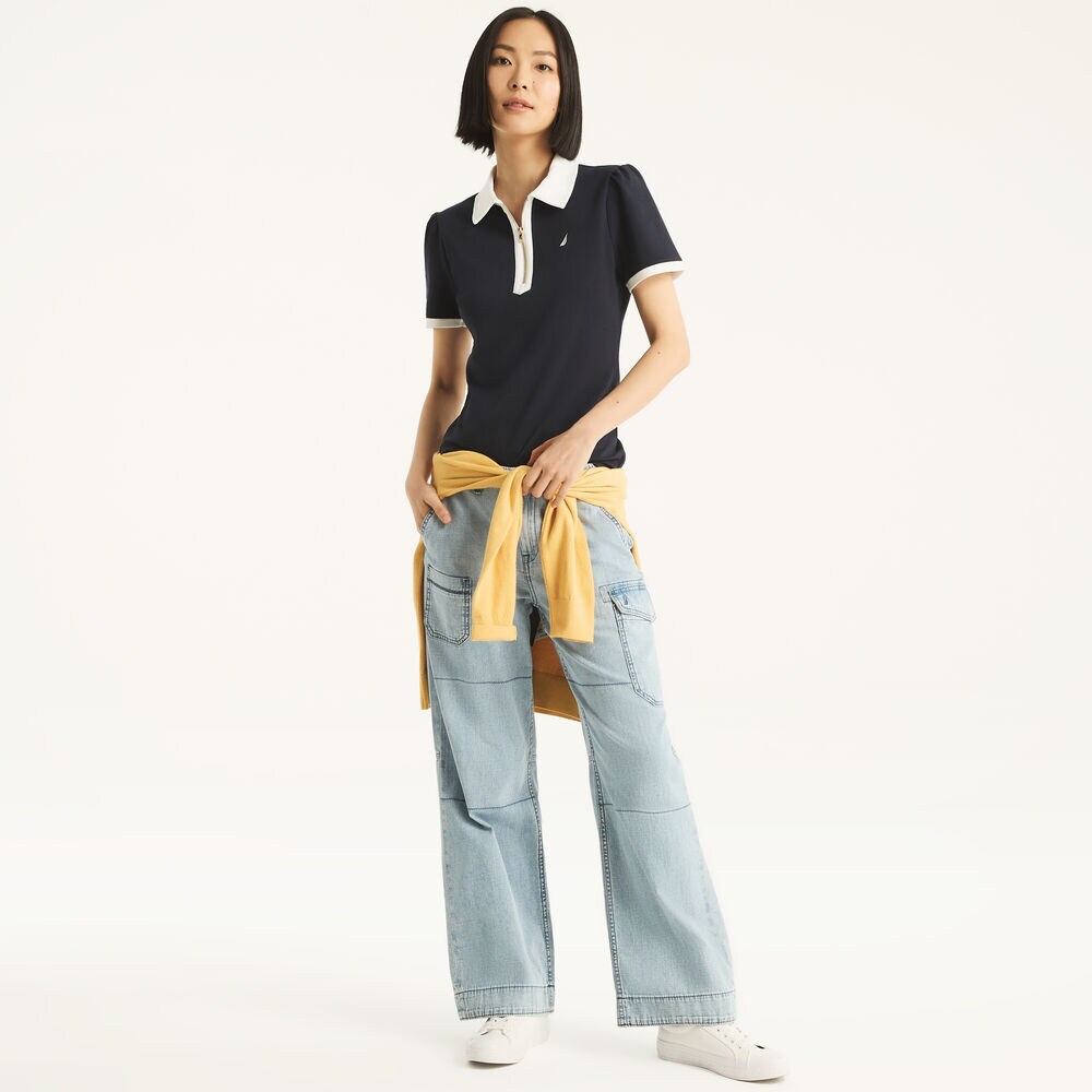 Colorblock Zip-Up Polo,Navy,large