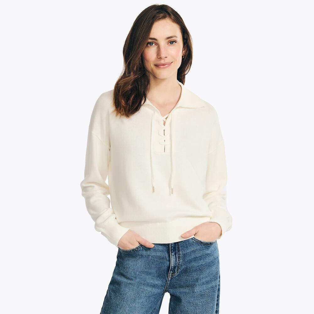 Lace-Up Sweater,Marshmallow,large