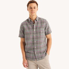 Plaid Linen Short-Sleeve Shirt,Olive,large