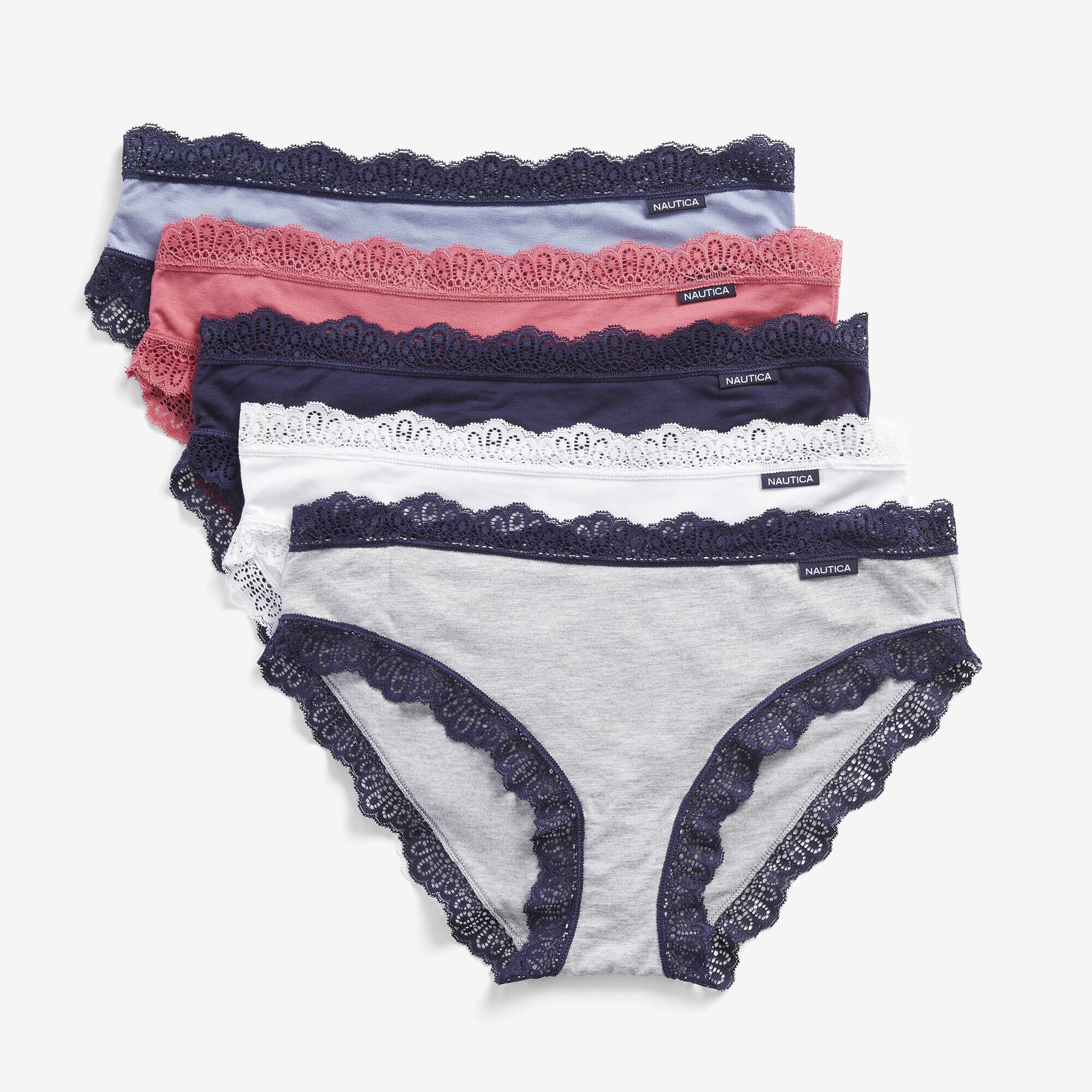 LACE-TRIMMED RIBBED HIPSTER BRIEF, 5-PACK,Antique White Wash,large