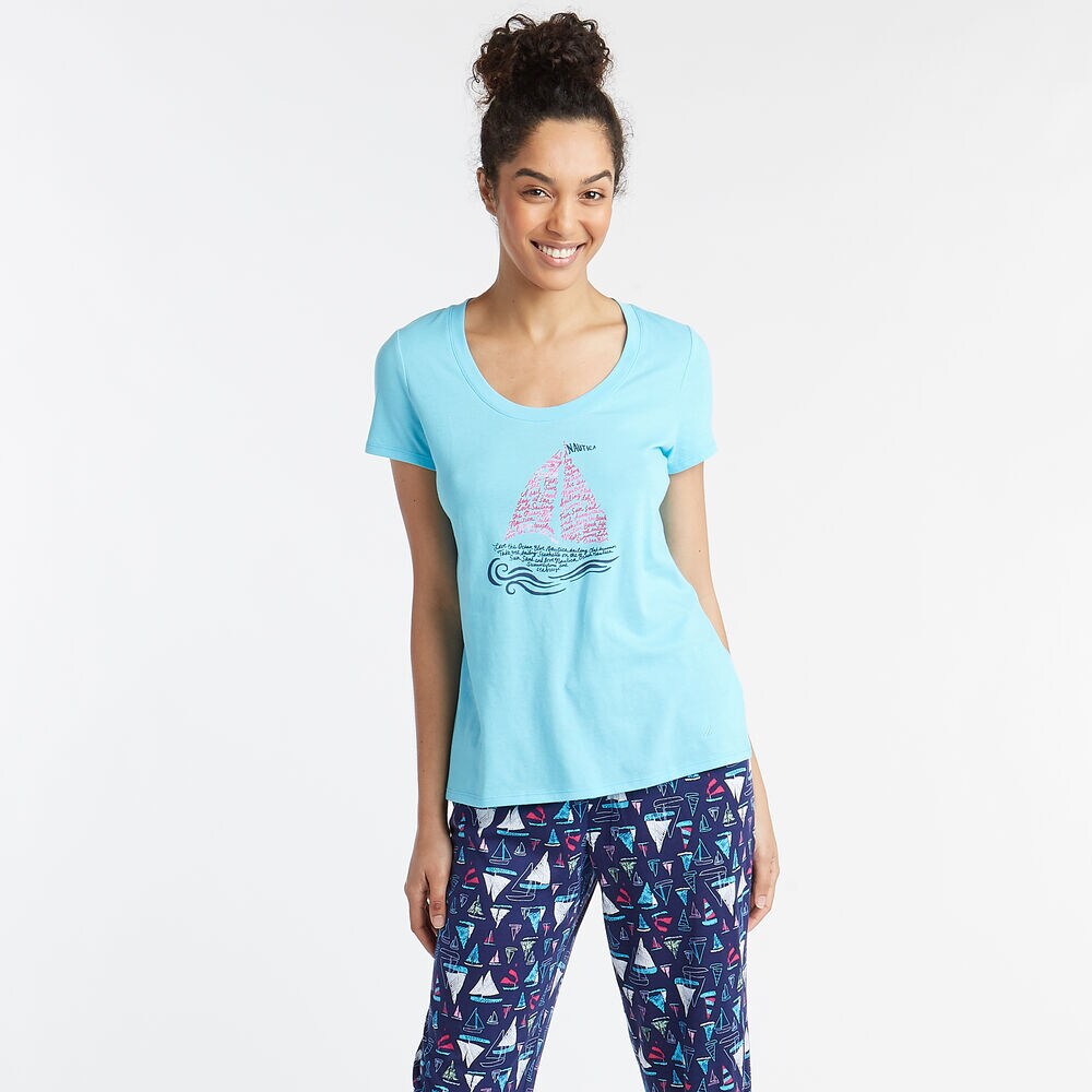 SHORT SLEEVE PAJAMA SET IN MULTI SAIL PRINT,Pure Adriatic Sea Wash,large