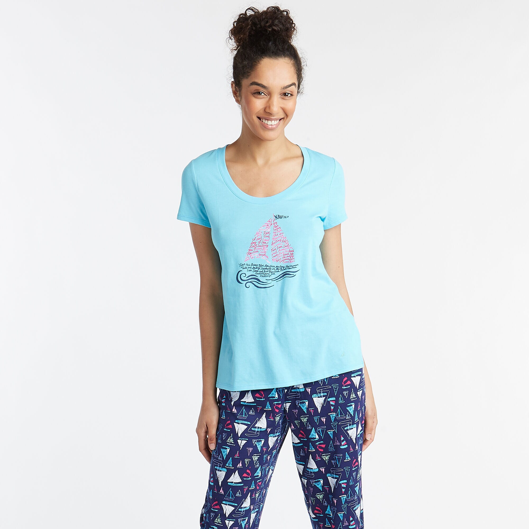 SHORT SLEEVE PAJAMA SET IN MULTI SAIL PRINT,Pure Adriatic Sea Wash,large