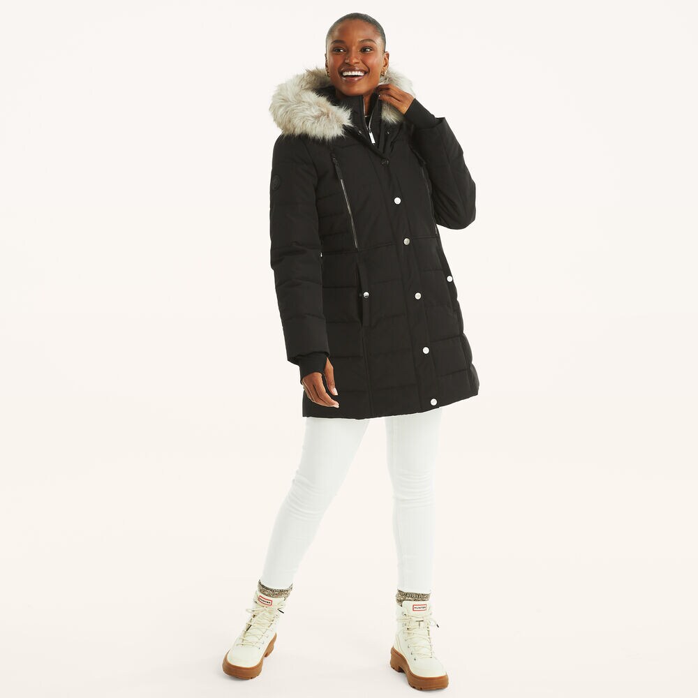 Faux Shearling Hood Puffer Jacket,True Black,large