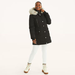 Faux Shearling Hood Puffer Jacket,True Black,large