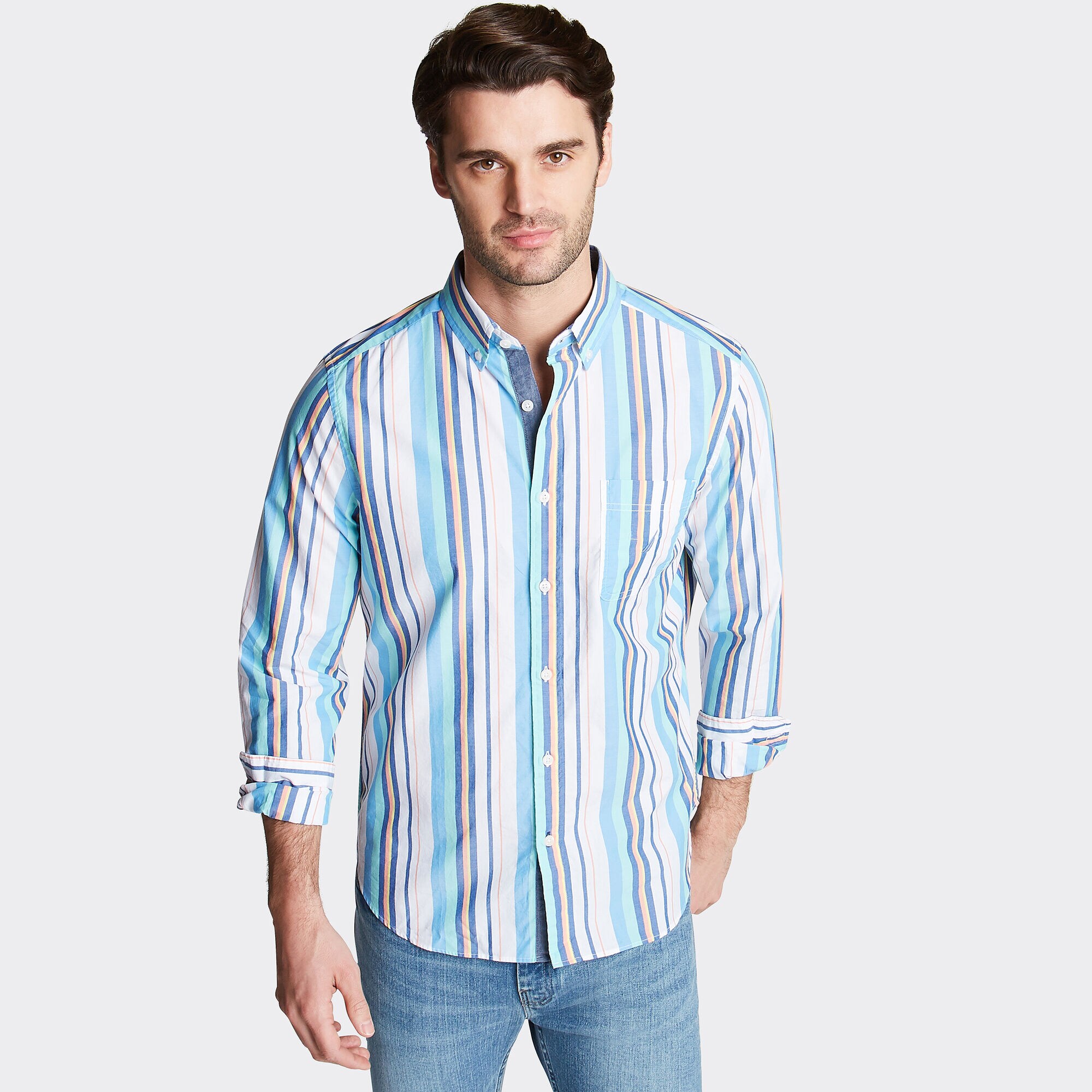 CLASSIC FIT BUTTON DOWN SHIRT IN STRIPE,Bright White,large