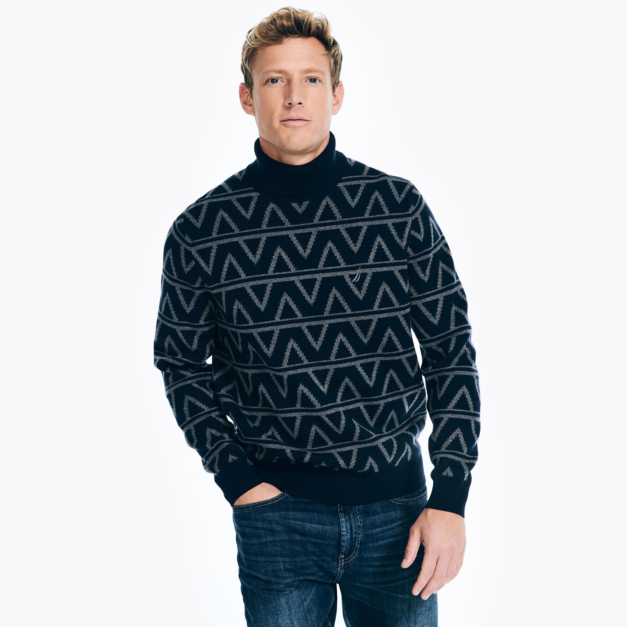 Sustainably Crafted Jacquard Turtleneck Sweater,Stellar Blue Heather,large