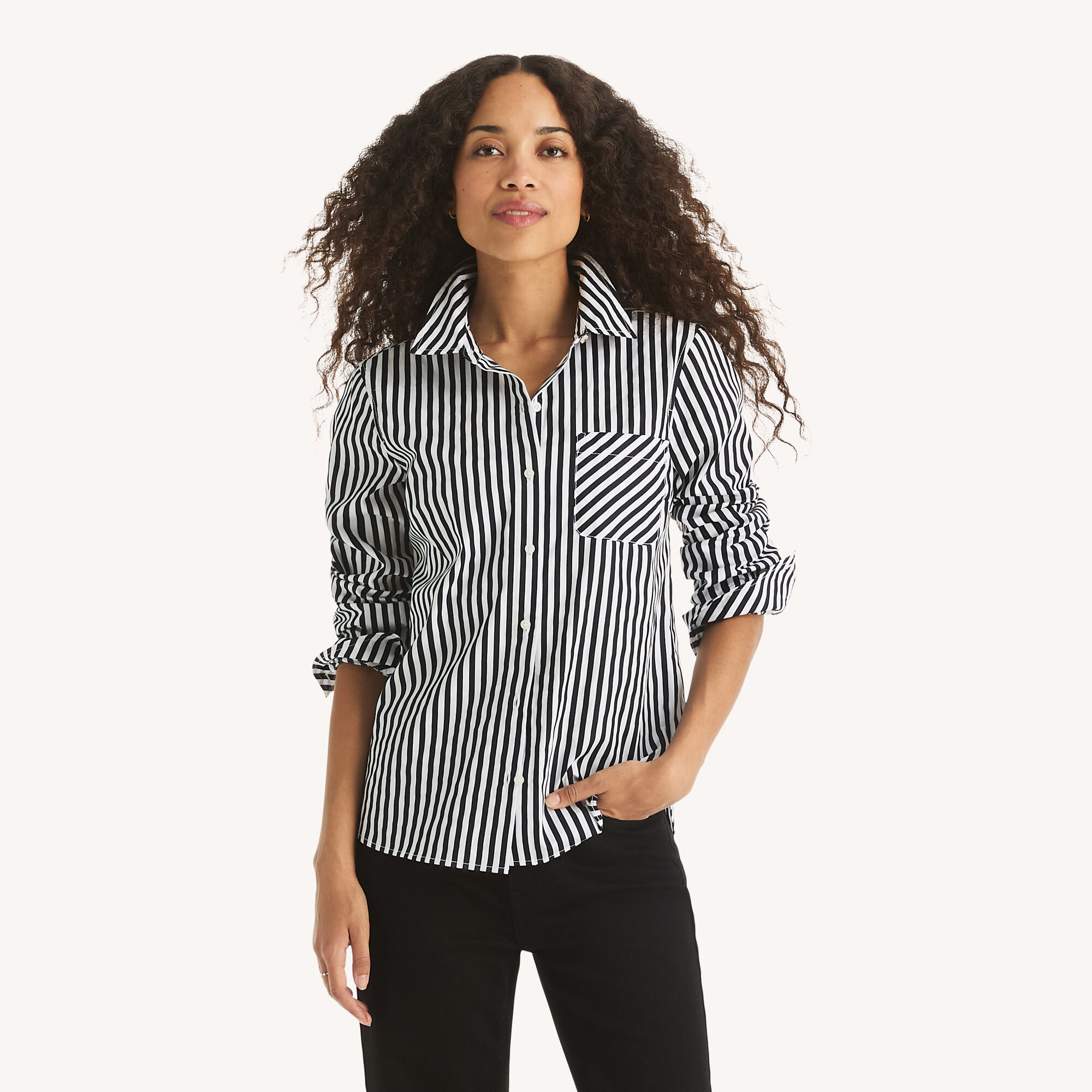 Striped Button-Up Shirt,Navy,large