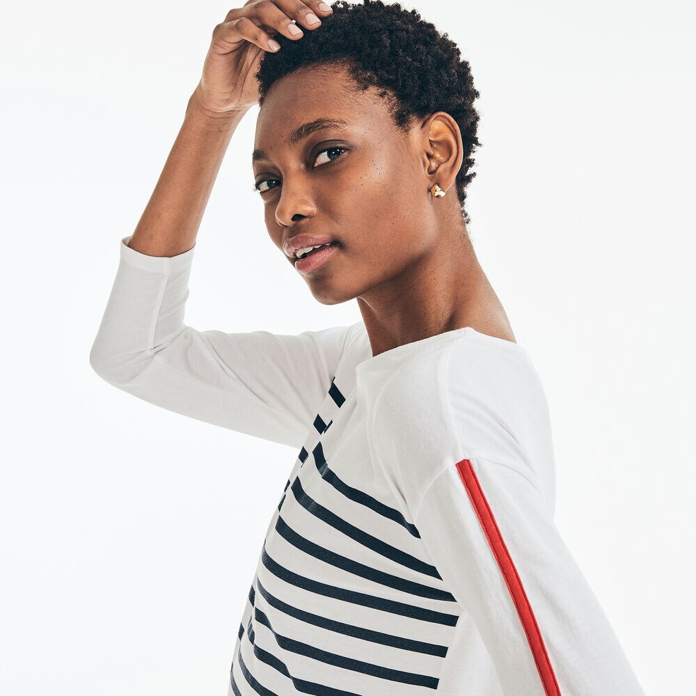 STRIPED THREE-QUARTER-SLEEVE TOP,Bright White,large