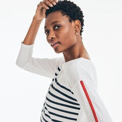 STRIPED THREE-QUARTER-SLEEVE TOP,Bright White,large