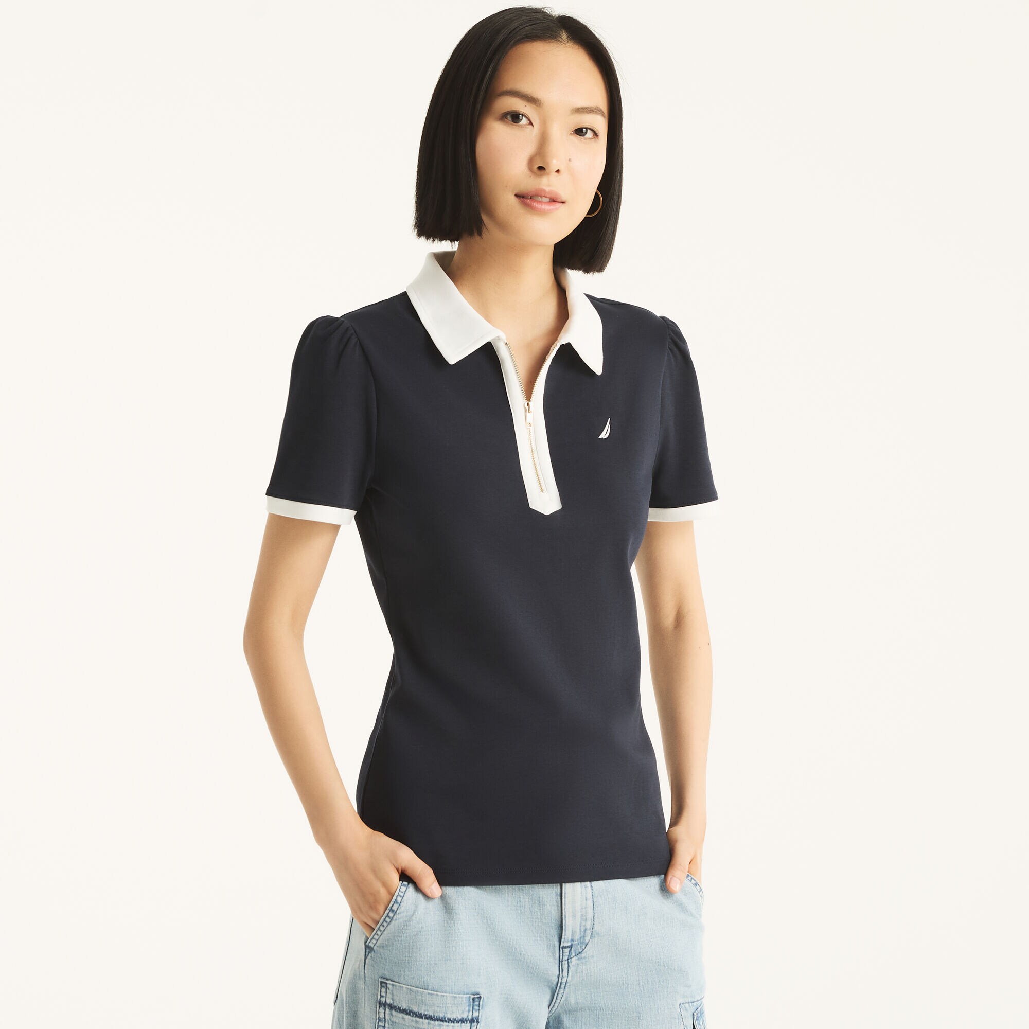 Colorblock Zip-Up Polo,Navy,large