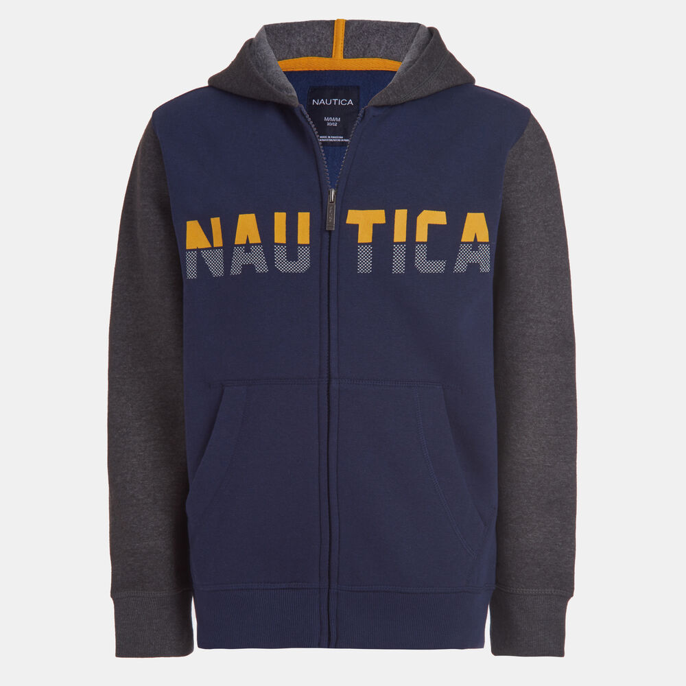 BOYS' COLORBLOCK LOGO ZIP HOODIE (8-20),Oyster Bay Blue,large