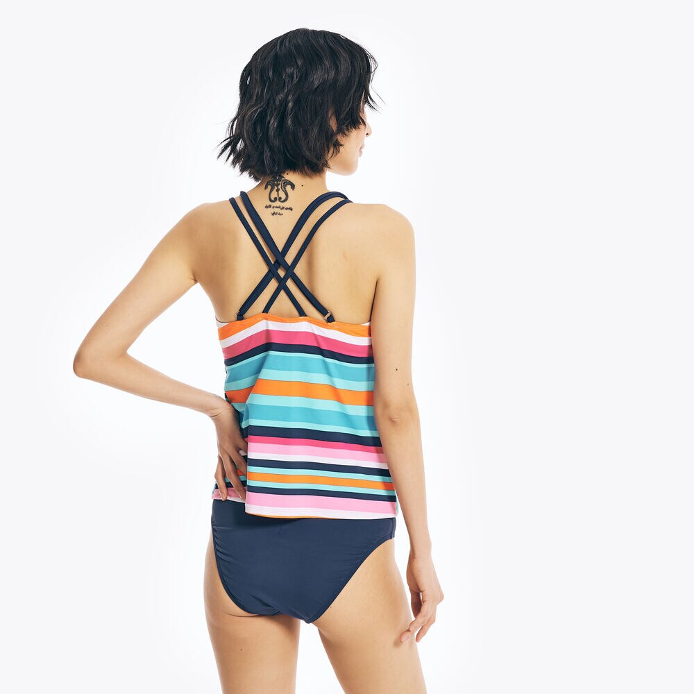 STRIPED V-NECK TANKINI SWIM TOP,Carnation Pink,large