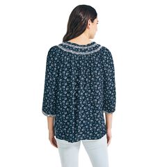 FLORAL EMBROIDERED THREE-QUARTER SLEEVE TOP,Stellar Blue Heather,large