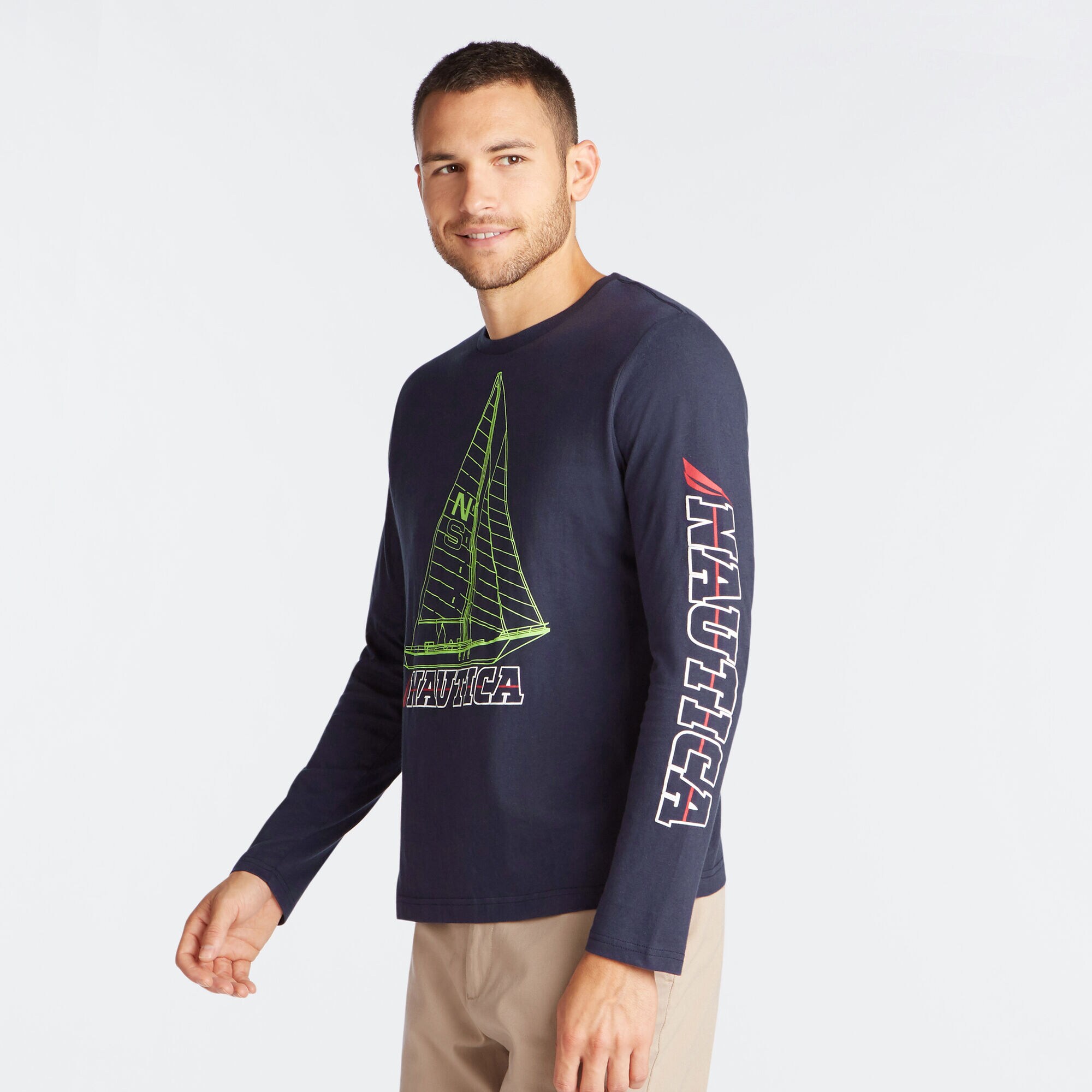 SAILBOAT BLUE PRINT LONG SLEEVE GRAPHIC TEE,Navy,large