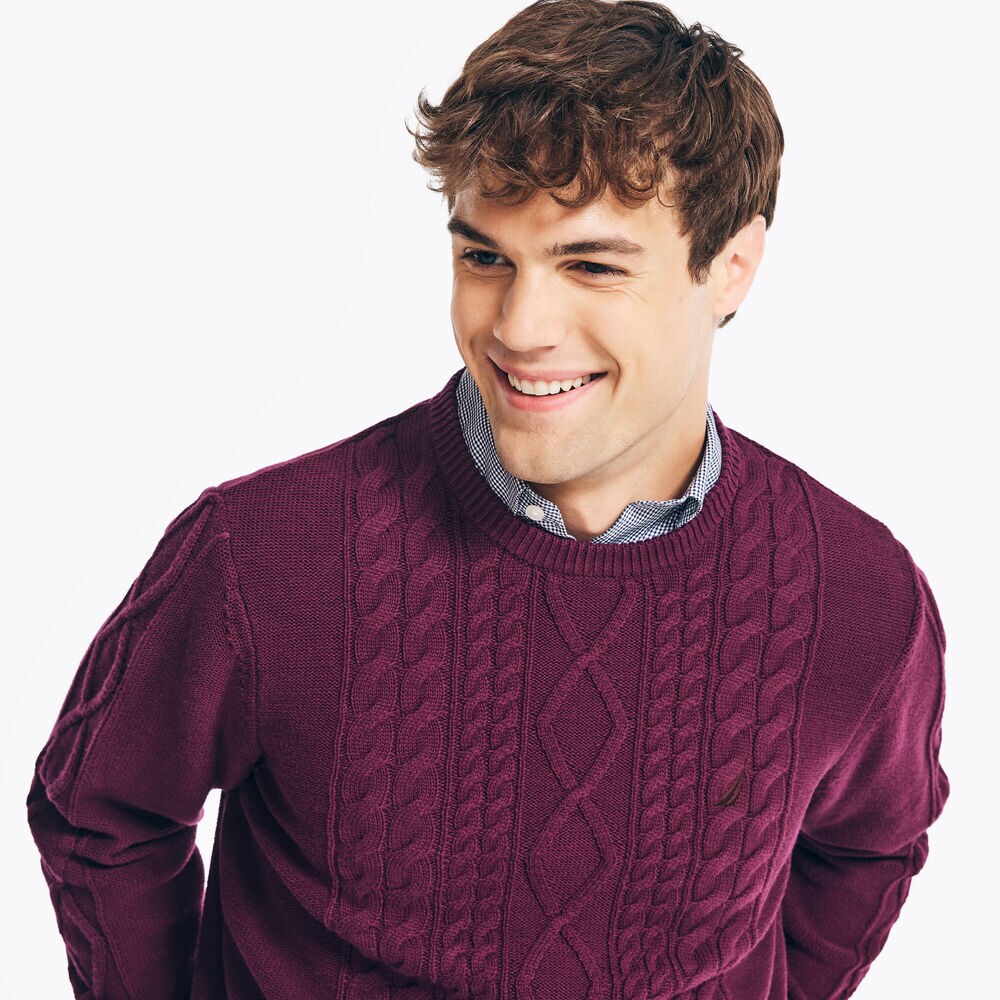 CABLE-KNIT CREWNECK SWEATER,Glory Red,large