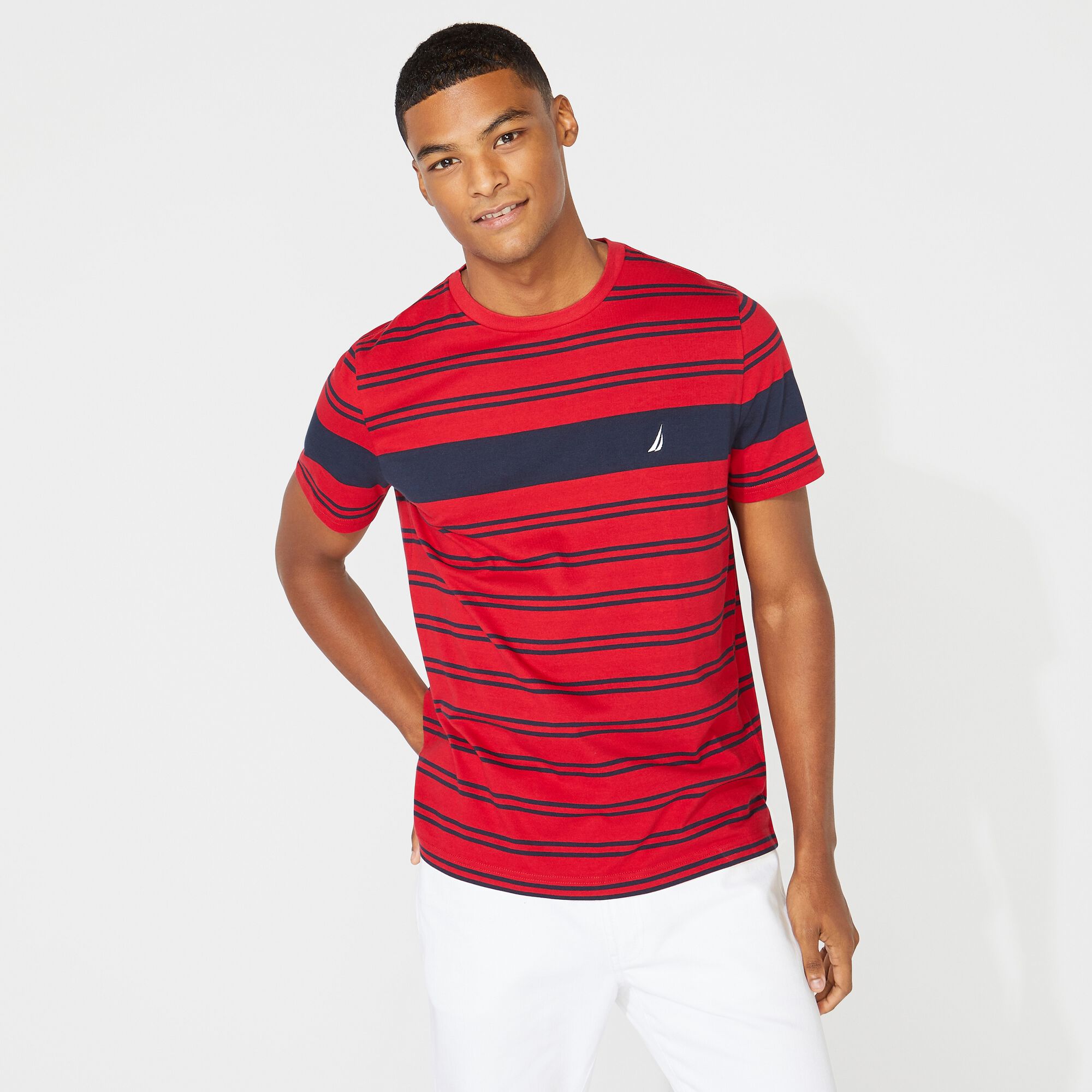 STRIPED PREMIUM COTTON T-SHIRT,Nautica Red,large