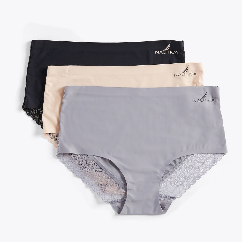 LACE-TRIMMED LASER-CUT BRIEF, 3-PACK,Black,large