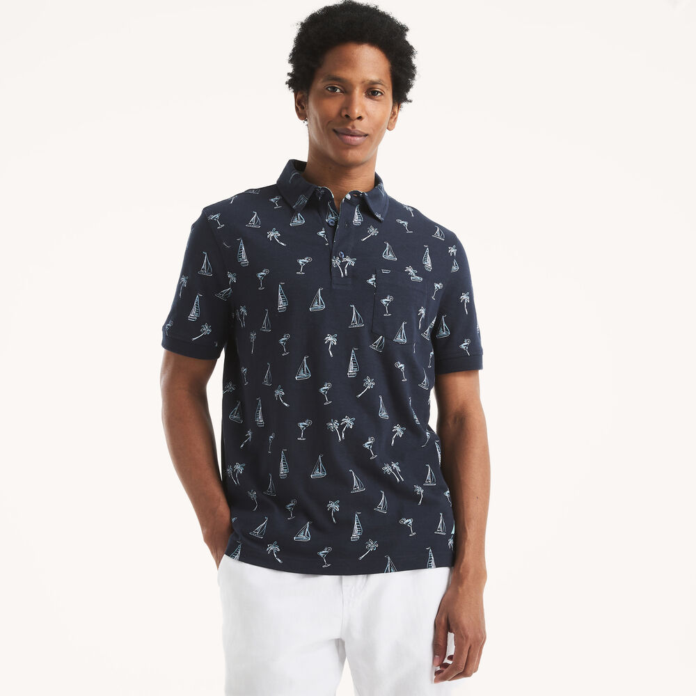 Classic Fit Printed Polo,Stellar Blue Heather,large