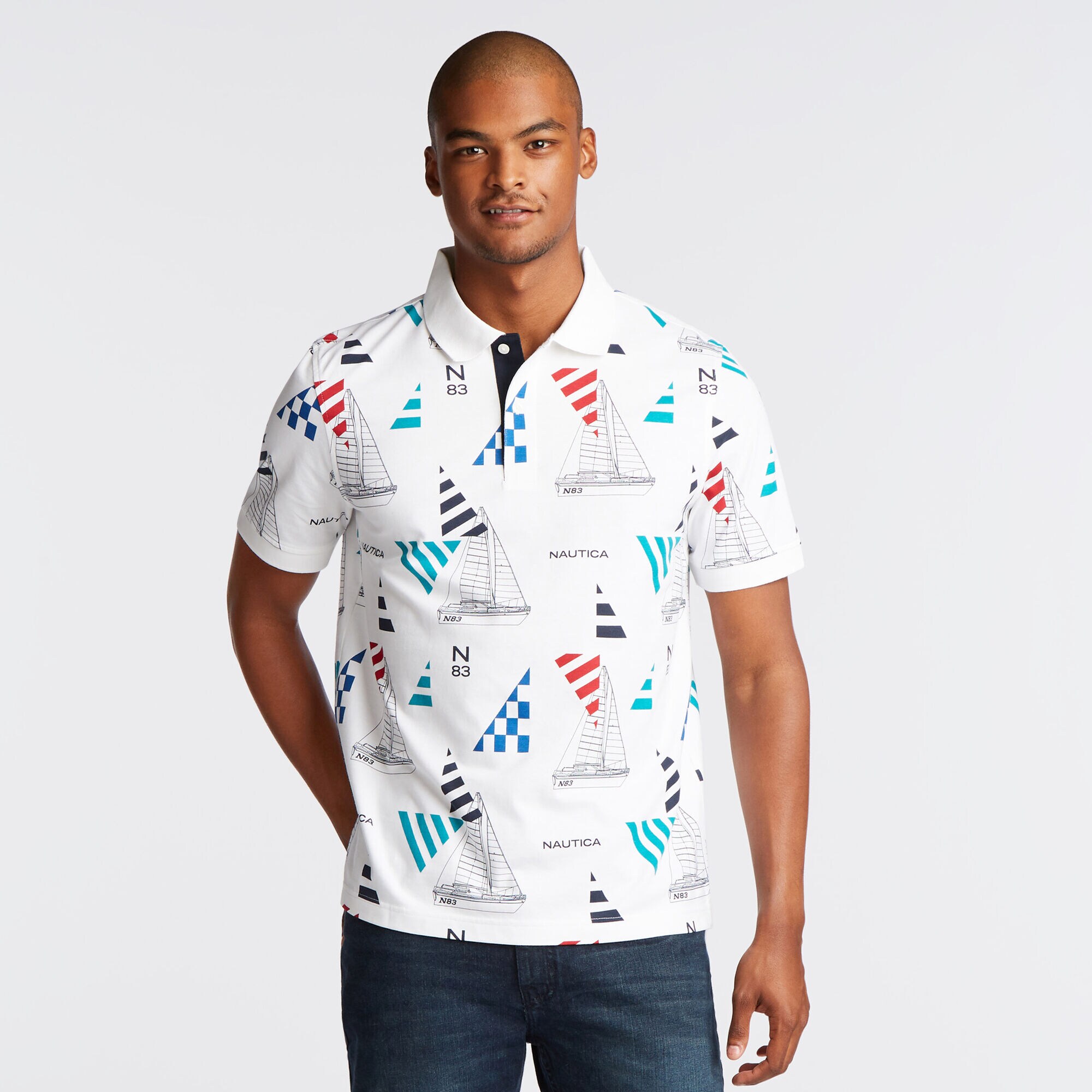CLASSIC FIT PRINTED POLO IN GEO SAILING PRINT,Bright White,large