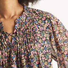Lace-Up Printed Pintuck Top,Multi,large