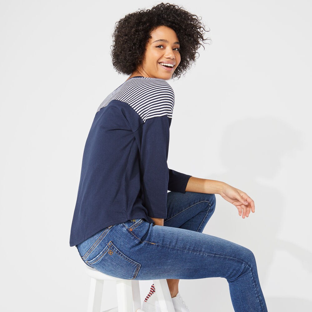 STRIPE-ACCENTED THREE-QUARTER SLEEVE TOP,Stellar Blue Heather,large
