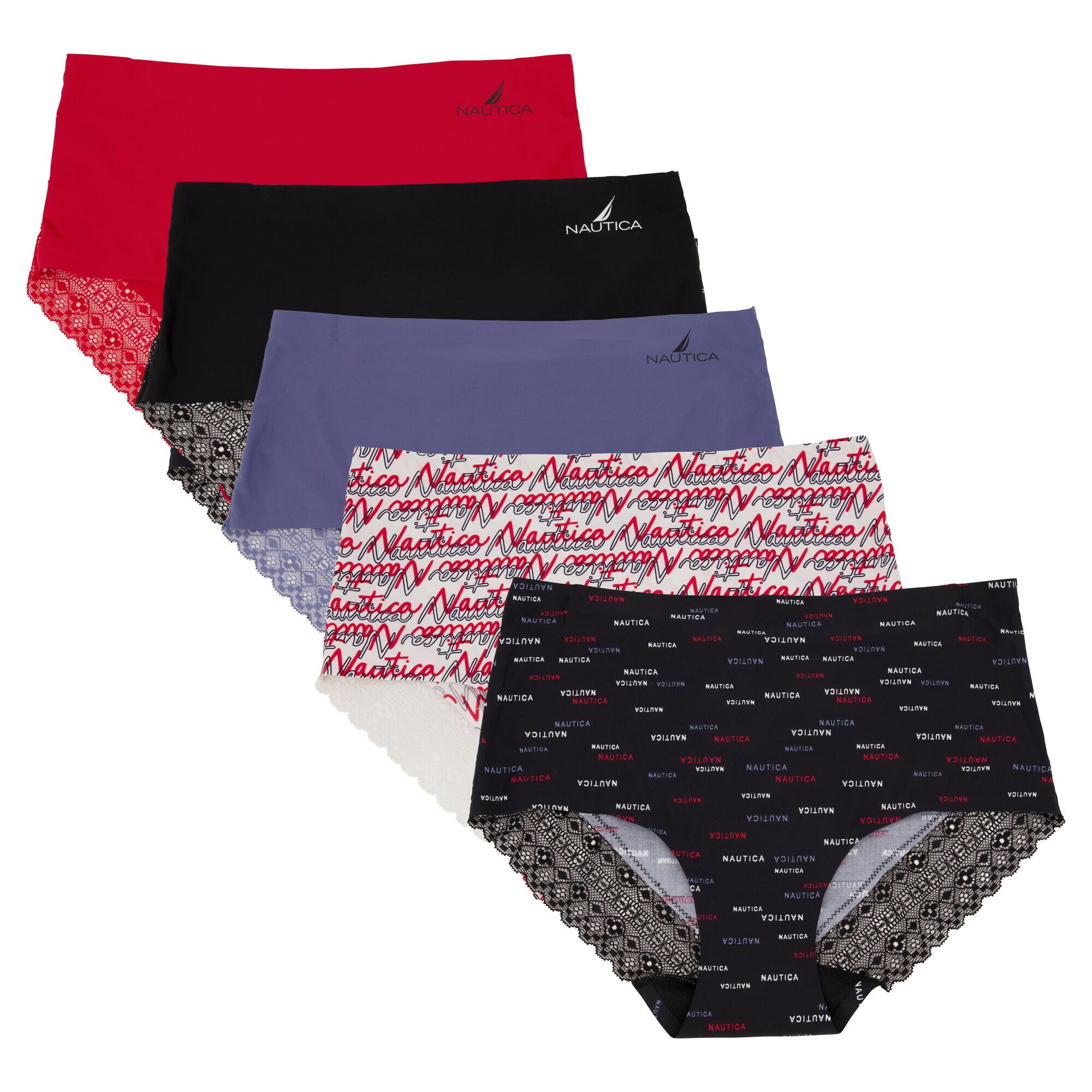 LACE-TRIMMED LASER-CUT BRIEFS, 5-PACK,Black,large