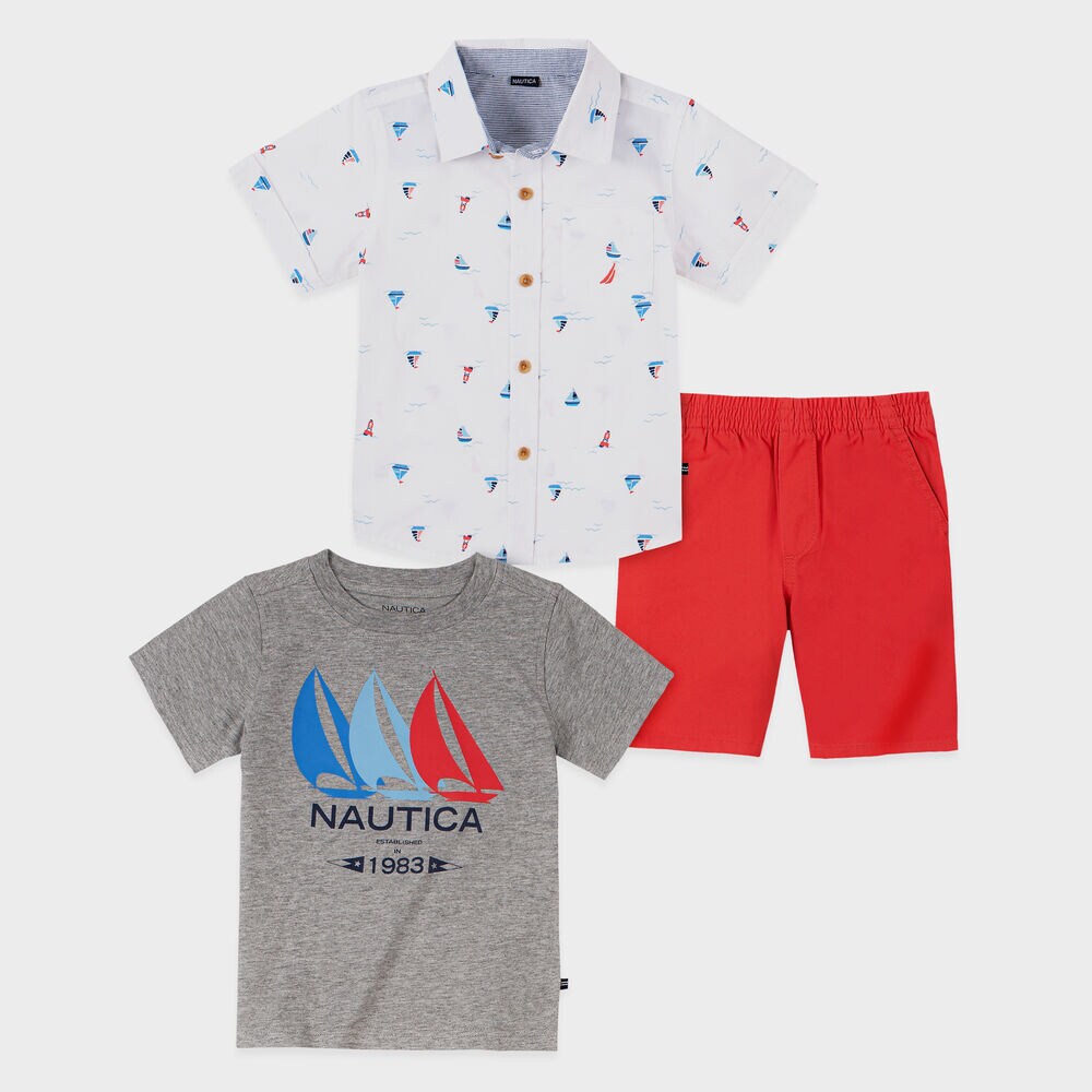 TODDLER BOYS' SAILBOAT PRINT WOVEN 3PC SHORT SET (2T-4T),Antique White Wash,large
