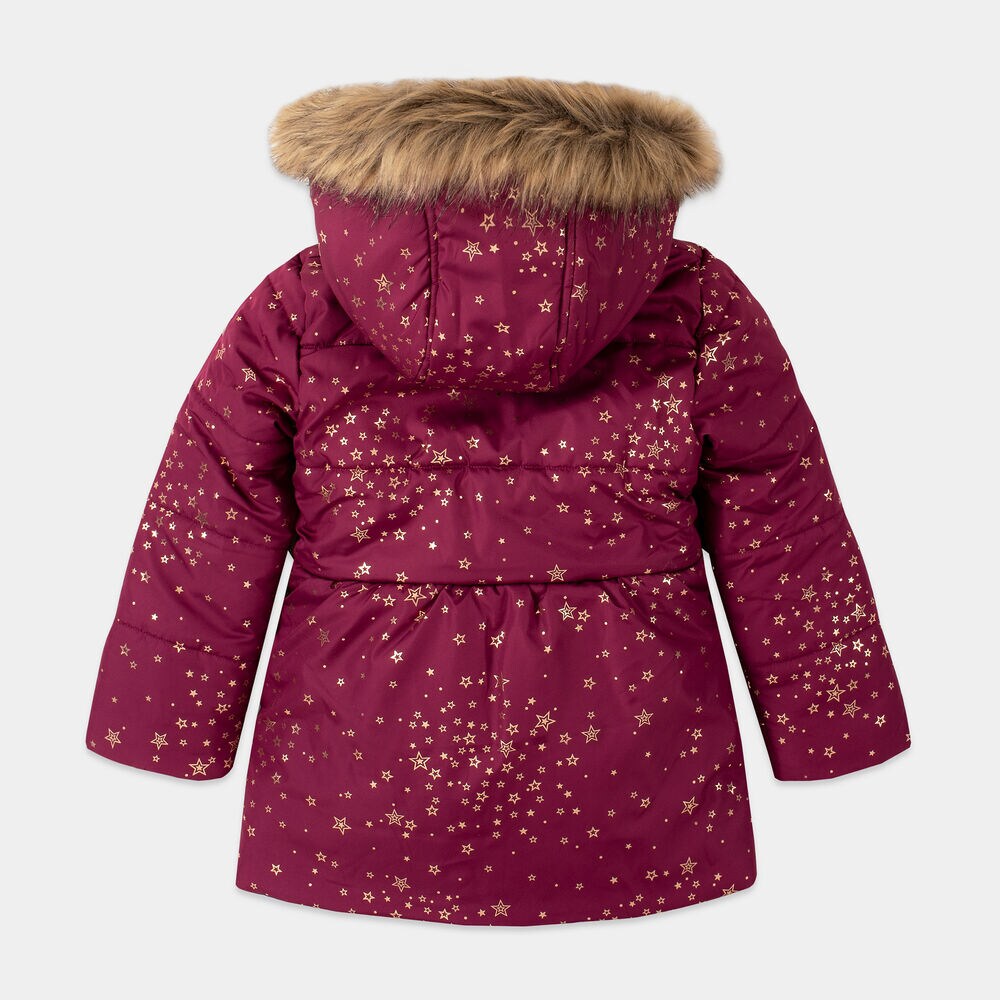 GIRLS' FOIL PRINT FAUX-FUR HOOD PUFFER (8-20),Parfait Pink,large