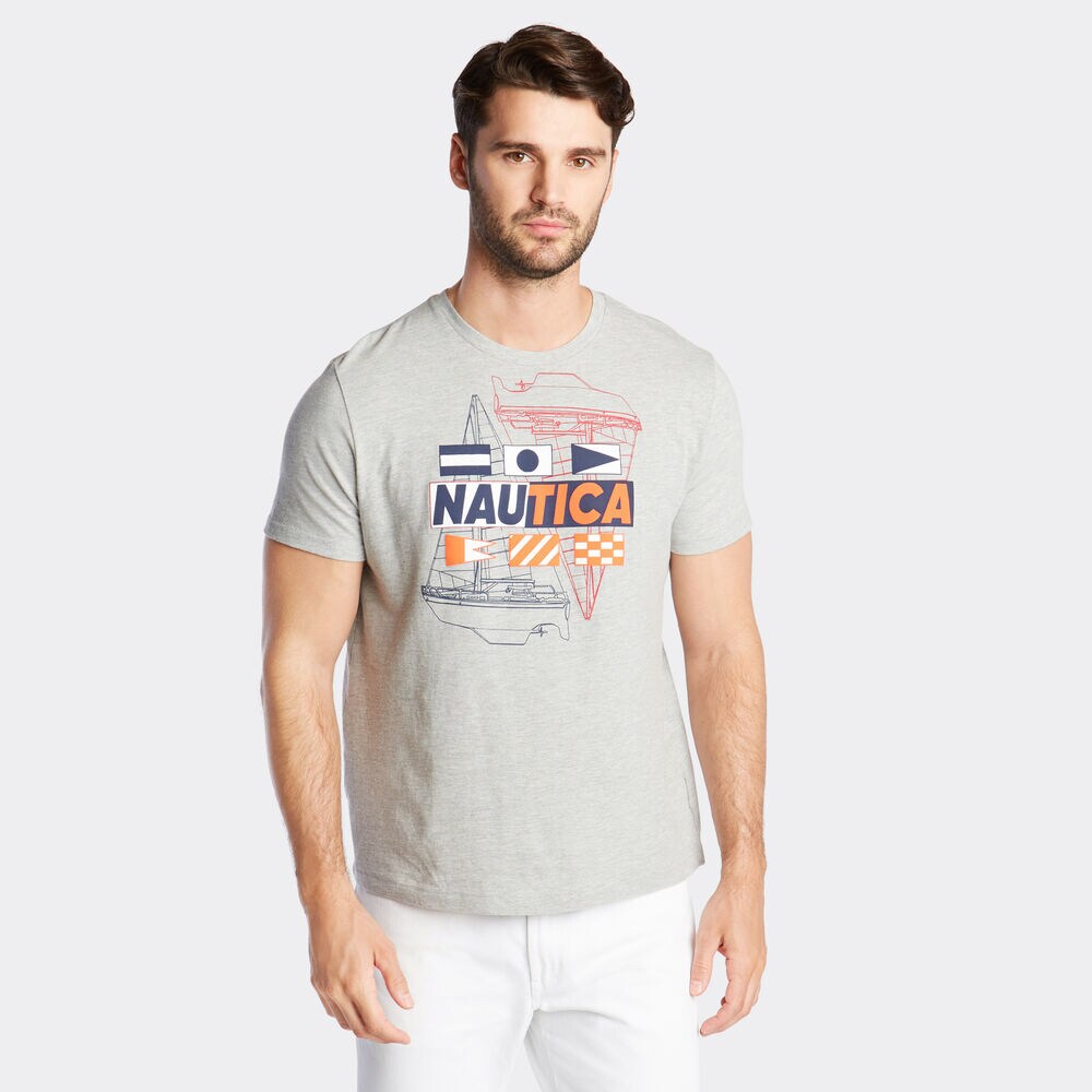BOAT AND FLAG GRAPHIC T-SHIRT,Grey Heather,large