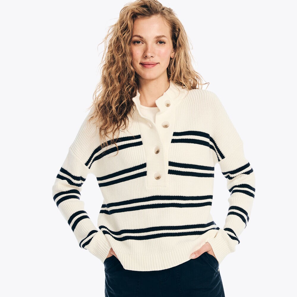 Striped Half Cardigan Henley Sweater,Marshmallow,large
