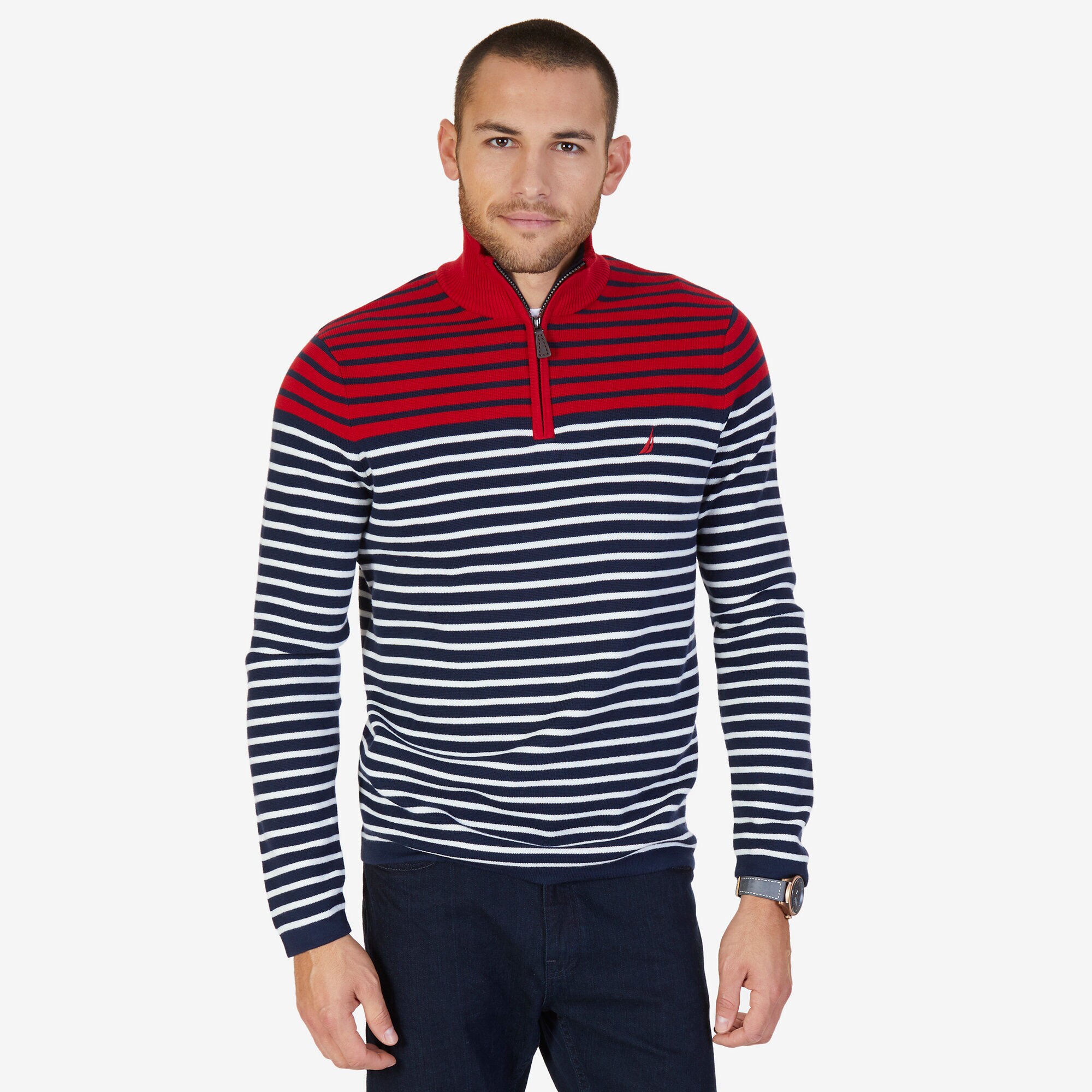 Striped Quarter Zip Pullover Sweater,Nautica Red,large