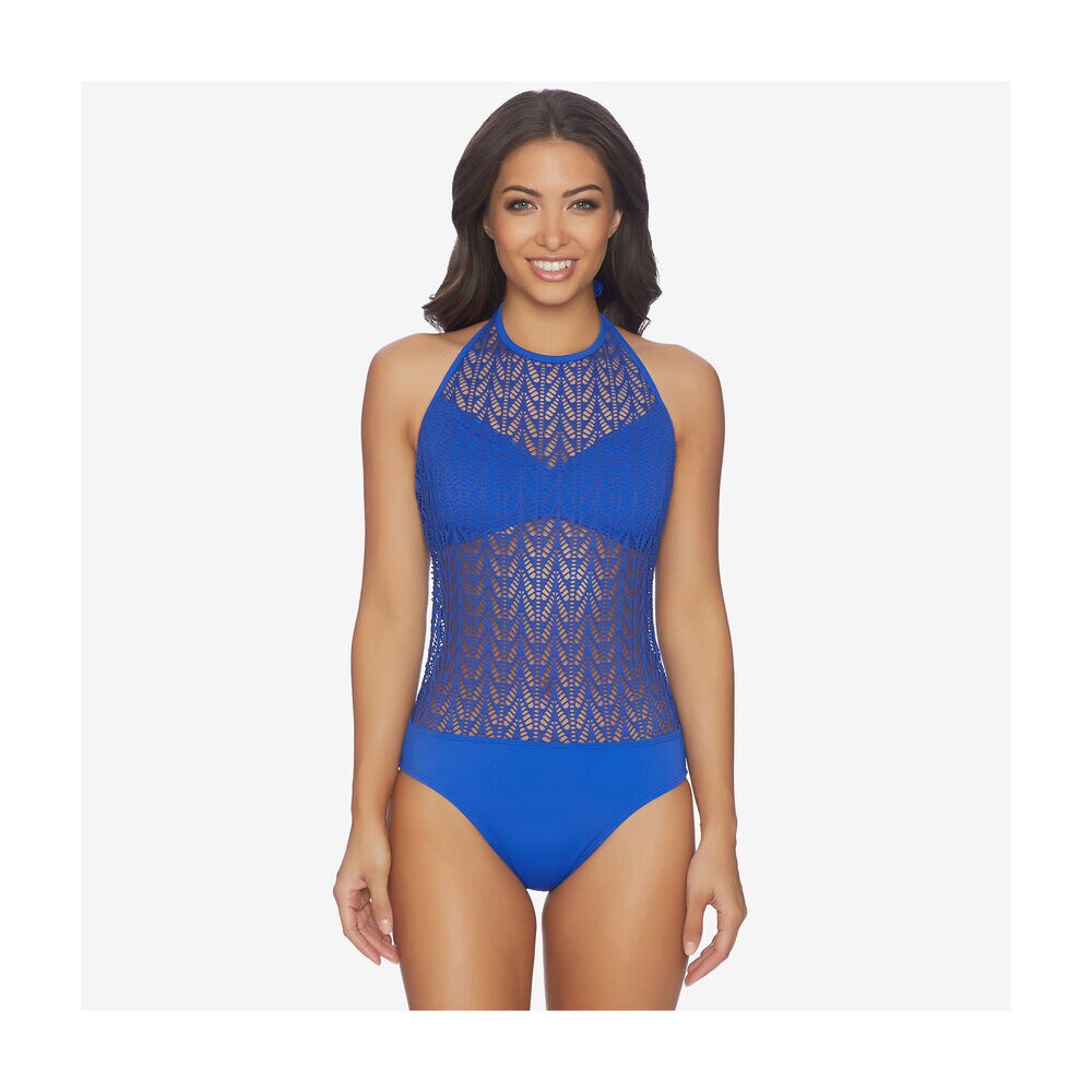 Vineyard Crochet High Neck One Piece Swimsuit,Azure Blue,large