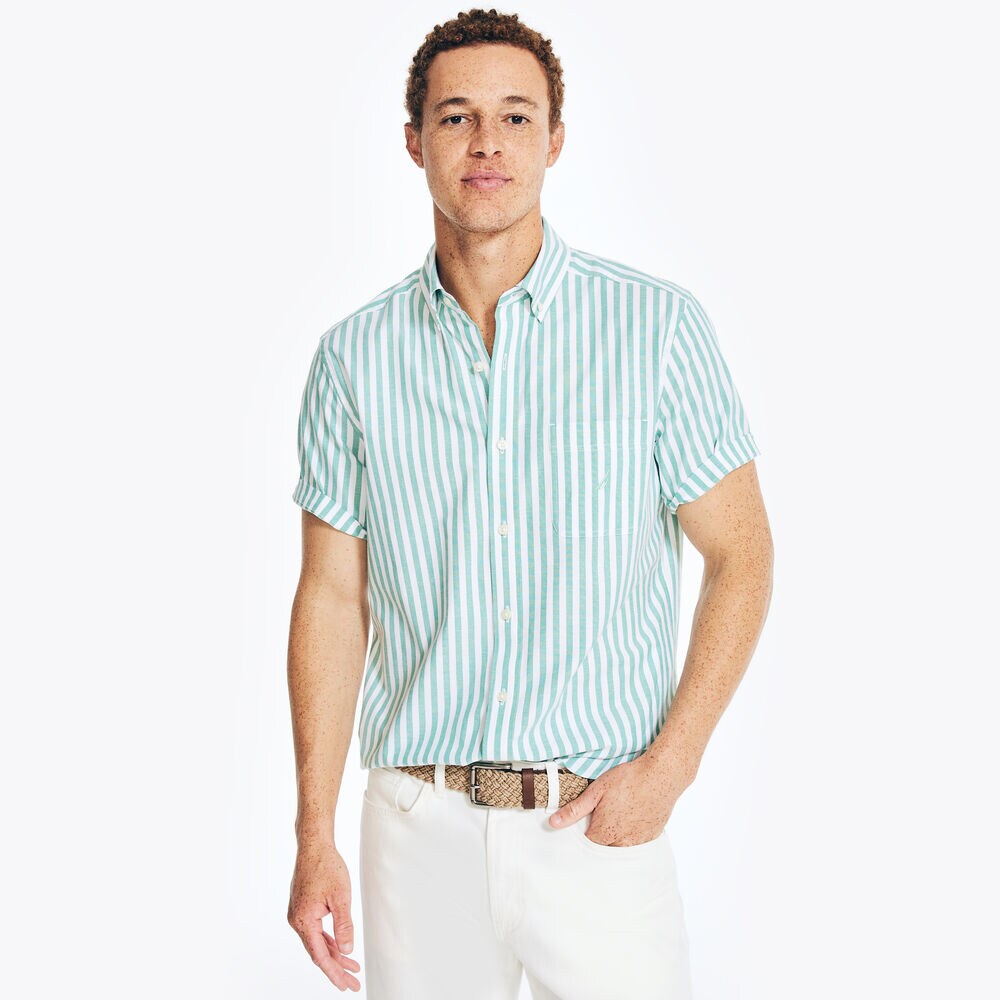 STRIPED SHORT-SLEEVE OXFORD SHIRT,Dark Dill,large